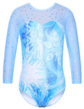 TFJH E Girls Gymnastics Leotard 3/4 Sleeve Metallic Sequin Mesh Dance Practice Outfit, Snowflake Blue, Size 5-6Y