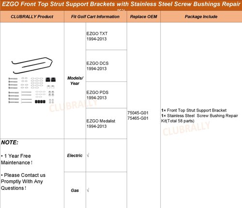 CLUBRALLY Golf cart Front Top Strut Support Brackets with Stainless Steel Screw Bushings Repair Kit,Front Roof Bar Support for 1994-2013 EZGO DCS/PDS/TXT/Medalist 2-Seater Model, #75045-G01,75465-G01