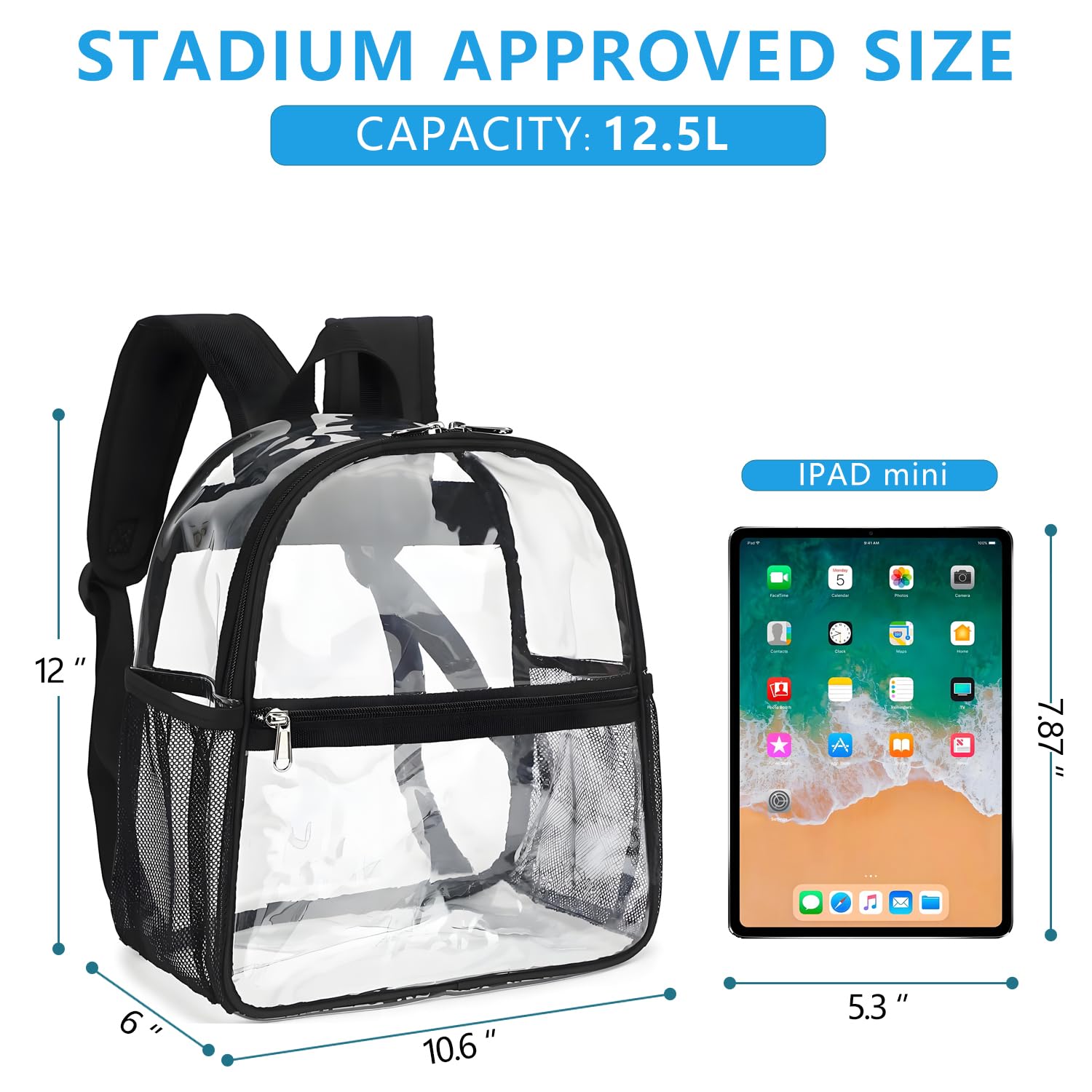 Fammart Clear Backpack Stadium Approved 12x6x12 - Kids & Small Adult Transparent Backpack for School, Work, Sports, Concerts - Clear Bag