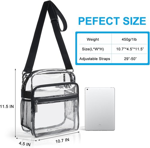 LATMAP Clear Stadium Bag - 12x6x12 Clear Purse with 3-Zipper Pockets | Crossbody Handbag for Events