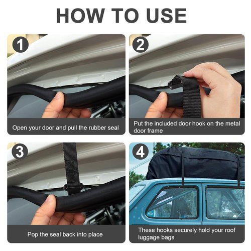 6pcs Rooftop Cargo Tie Down Hook Straps, Car Roof Cargo Carrier Door Hooks Car Door Hook Straps, Attaches to Car Door Frame, Car Door Cargo Hooks for Most Cars, Strapping Any Car Roof Luggage