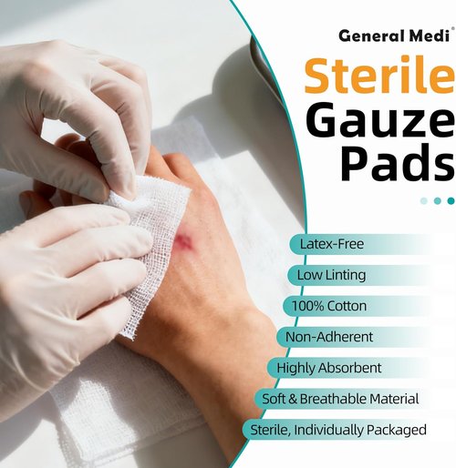 General Medi Sterile Gauze Pads - Individually Wrapped 4" x 4" Wound Care for Cuts & Burns | 50 Packs (100 Total)
