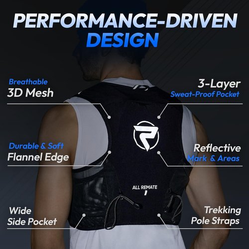 ALL REMATE All-in-One Multi Sport Trail Running Vest including Water Bottle, Whistle, 11 Pockets & 6 Straps – Ergonomic Lightweight Reflective Gear