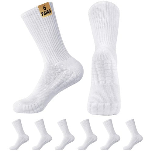 MUQU Mens White Crew Socks - Cushioned Sports Athletic Socks For Walking Hiking Running 6 Pairs
