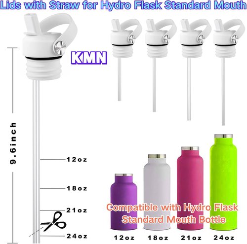KMN White Straw Lid for Hydro Flask Standard Mouth - BPA Free Leak-Proof Sport Cap with 2 Straws & Brush | Fits 18, 21, 24 oz