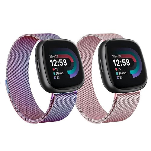 2Pcs Metal Band Compatible for Fitbit Versa 4/Sense 2/Versa 3/Sense Bands Women Men, Stainless Steel Soft Mesh Loop Strap Replacement Bracelet Strap for Fitbit Sense 2/3/Sense/Versa 4 (Purple&Pink, Large)