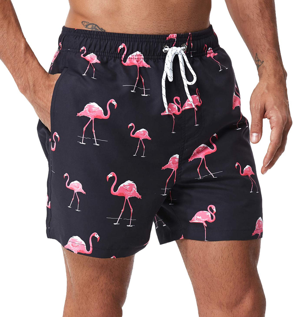 SILKWORLD Men's Swim Trunks Quick Dry Shorts with Pockets (New Printed_Trunks: Pink Flamingo,Large)