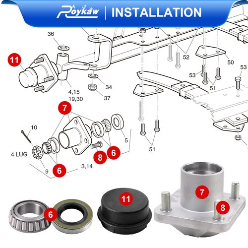 Roykaw EZGO Front Wheel Hub Bearing Assembly with Dust Caps/Oil Seals/Bearings for 2001-up TXT & Medalist Golf Cart, Replaces OEM # 70895G01,L44643