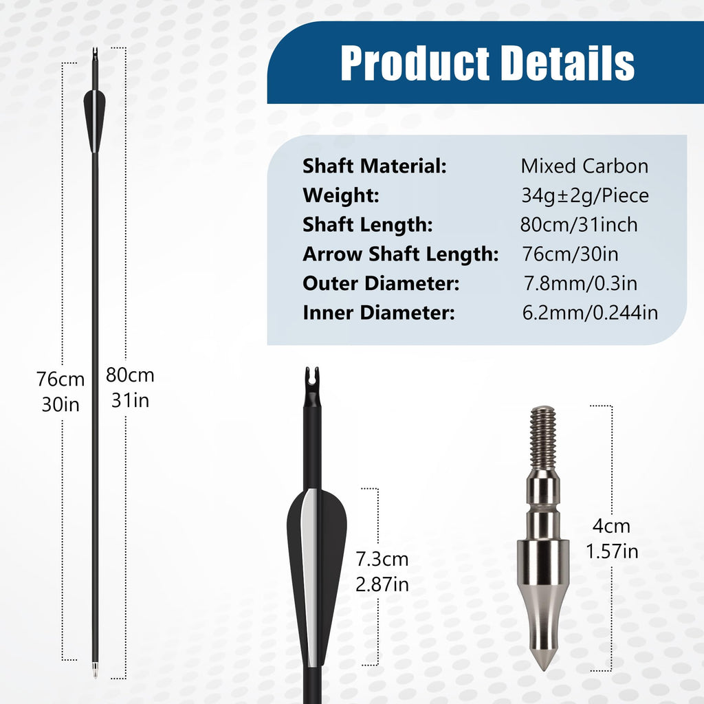 NorthSpoor 30Inch 14Pcs Carbon Arrow with Removable Tips Shaft Spine 500 for Both Compound Bow and Recurve Bows