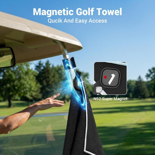 4-in-1 Magnetic Golf Towel with Brush & Cleaning Pocket - Premium Construction Golf Towel- Super Strong Golf Club Cleaner- Microfiber Waffle Design-15.7" X 23.6" Golf Accessories and Gifts for Men