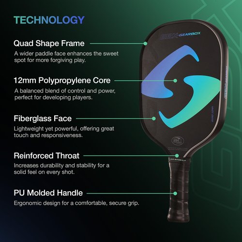 Gearbox GBX Quad 12mm Pickleball Paddle – Fiberglass Face, Textured Surface, PU Molded Handle – Lightweight, Forgiving, High Spin Control – Ideal for Beginner & Intermediate Players