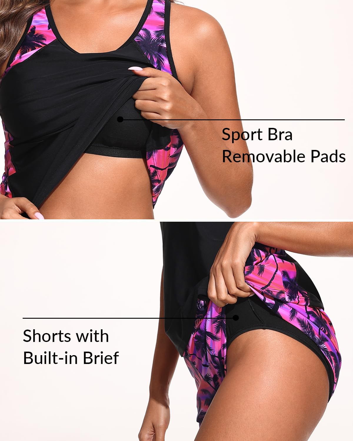 Yonique Women Tankini Swimsuit with Shorts - Tummy Control Two Piece Bathing Suit Swimwear with Sporty Pockets Pink Palm XL