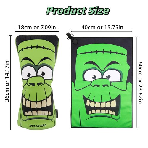HELLO NRC Golf Club Head Covers with Golf Cleaning Towel, Funny Driver Headcover for Fairway Woods, Waterproof Frankenstein Print, 460cc Premium PU Leather, 15.75 x 23.62 Microfiber Magnetic Towel