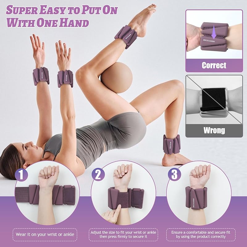 Ankle & Wrist Weights Set of 4 (2 lb Each) Adjustable for Exercise — BECOJADDE Deep Plum