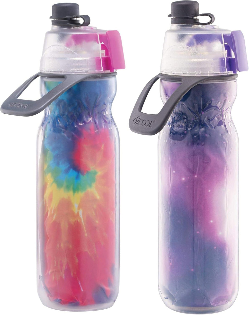 O2COOL Misting Water Bottle - 2-in-1 Mist & Sip Function, No Leak Pull Top Spout - 20 oz Tie Dye/Celestial Purple