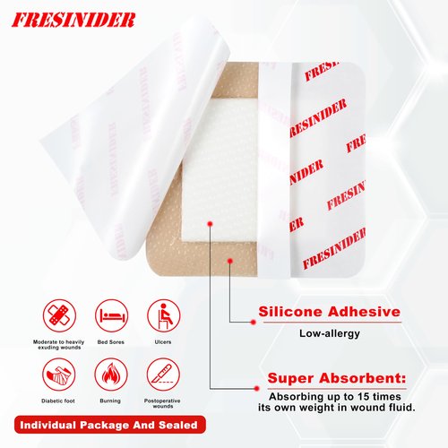 FRESINIDER Silicone Foam Dressing with Adhesive Border – Wound Dressing Bandage – Silicone Foam Pad – Pack of 20 – 4 x 4 Inches Large Waterproof Bandages – Self Adhesive Wound Care and Dressings