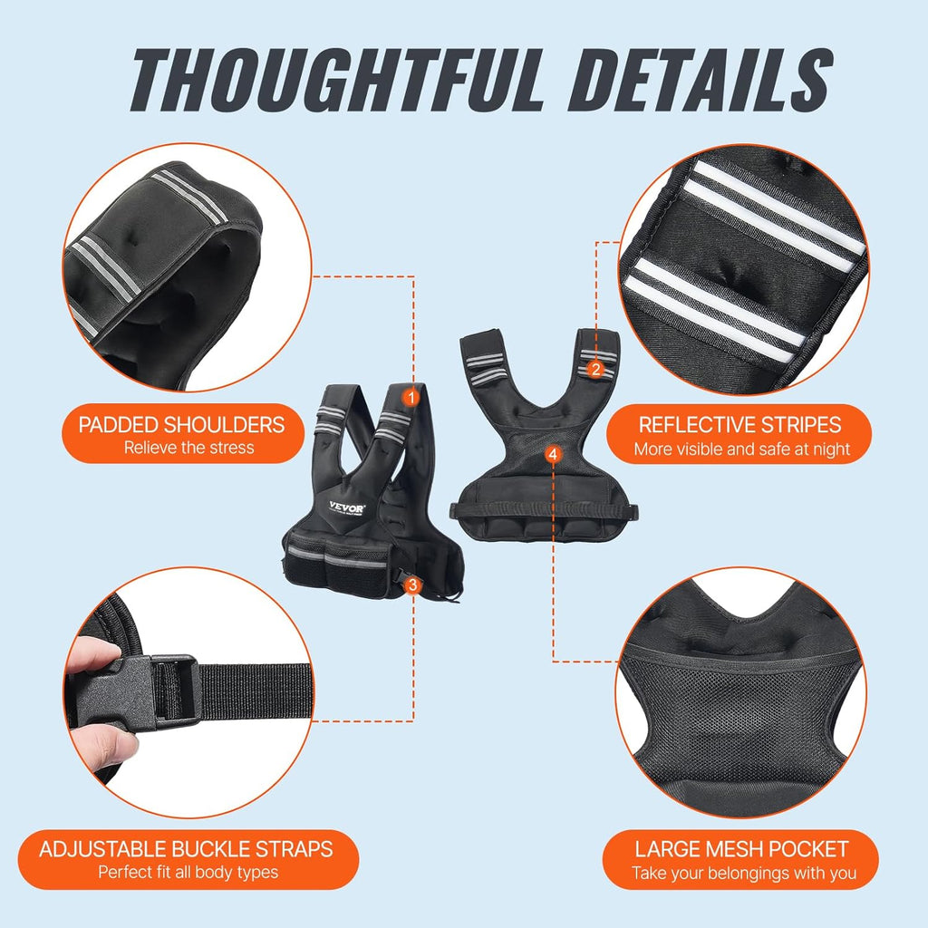 VEVOR Adjustable Weighted Vest - 11-40lbs for Strength Training | Reflective Stripe for Safety