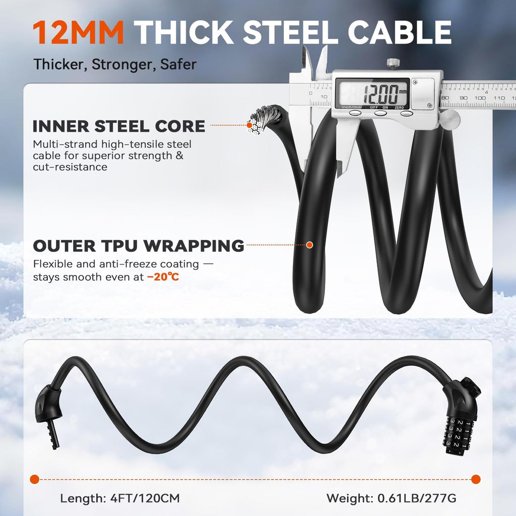 Sportneer Bike Lock - 4-Digit Combination, Weatherproof 12mm Heavy Duty Steel | 4ft Cable for Bicycles & Scooters