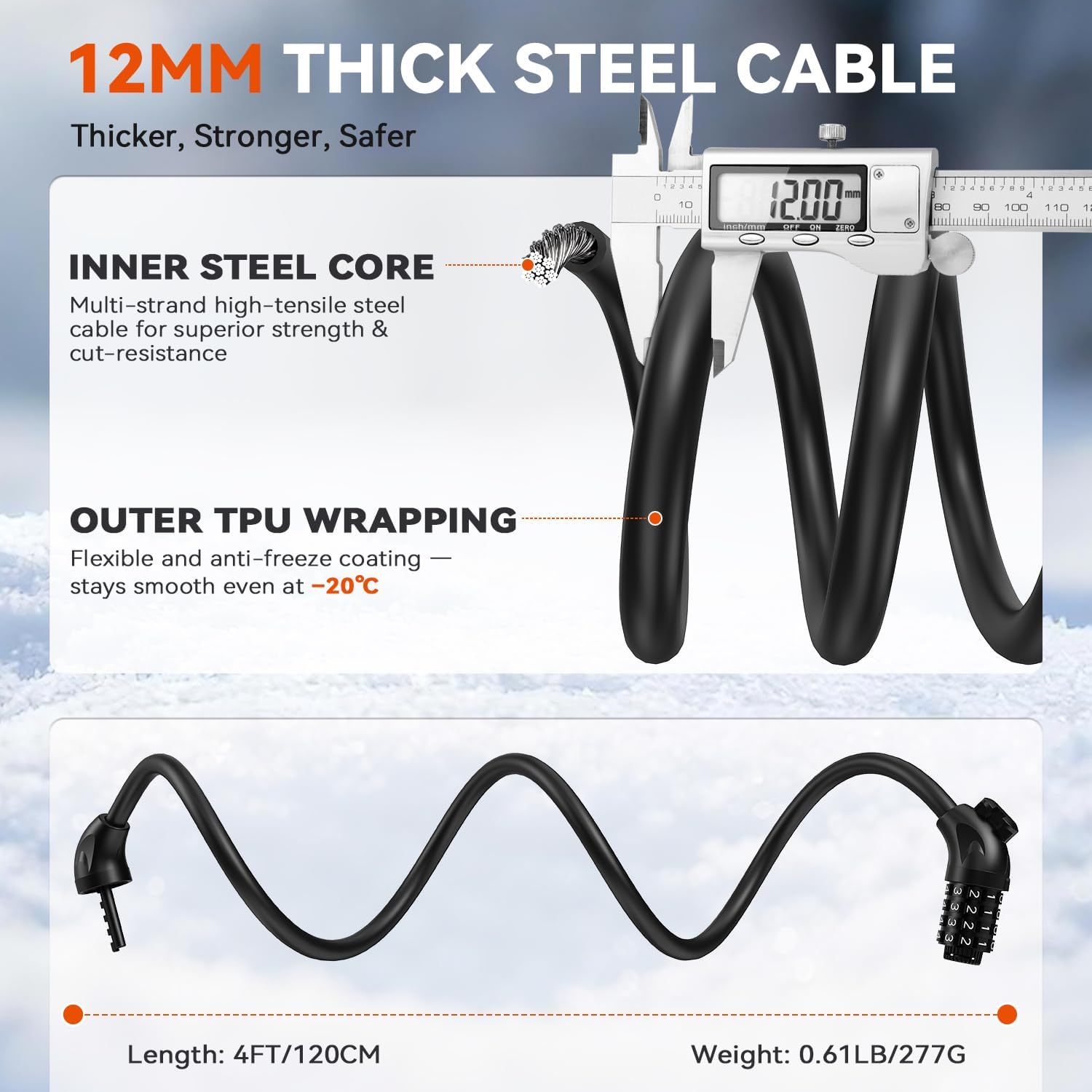 Sportneer Bike Lock - 4-Digit Combination, Weatherproof 12mm Heavy Duty Steel | 4ft Cable for Bicycles & Scooters
