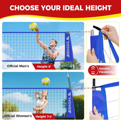 **BAGAIL Portable Volleyball Net - Adjustable Height, Heavy-Duty Frame | 12ft/20ft Outdoor/Indoor Set with Carry Bag**