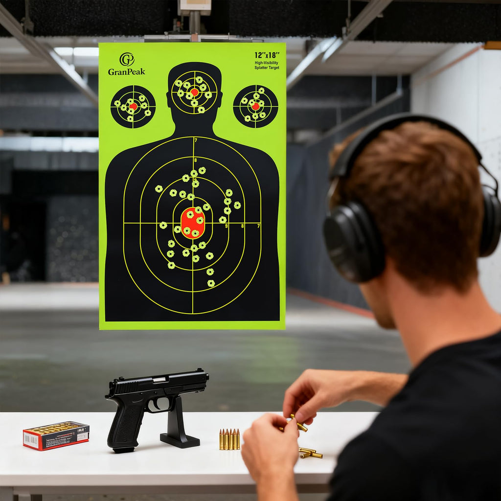 GranPeak 12 x18 inch, Silhouette Splatter Targets, Adhesive Shooting Targets, Shots Burst Bright Fluorescent Yellow, Great for All Firearms (25 Pack)