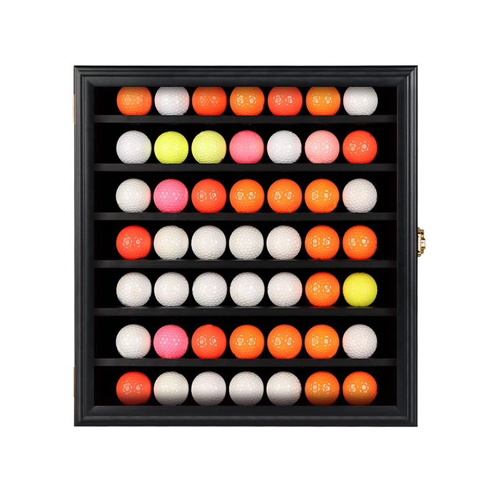 KCRasan 49 Golf Ball Display Case Lockable - Golf Ball Holder Gift for Golf Enthusiasts - Golf Ball Display Rack Cabinet for Wall Mount Real Glass Door, Black