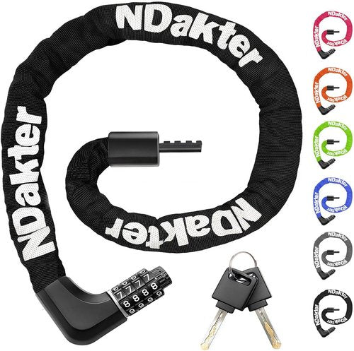 NDakter Heavy-Duty Bike Chain Lock - 4-Digit Combination & 2 Keys | 1.64 to 4.28 Ft Anti-Theft Security for E-Bikes, Scooters, Motorcycles