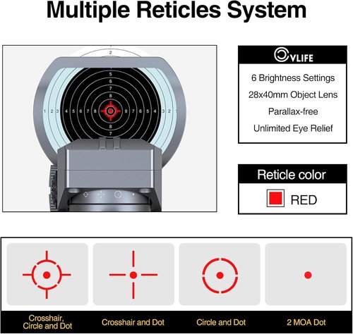 CVLIFE Red Dot Sight - 1x28x40mm Reflex Optics with 4 Adjustable Reticles for 20mm Picatinny Rail