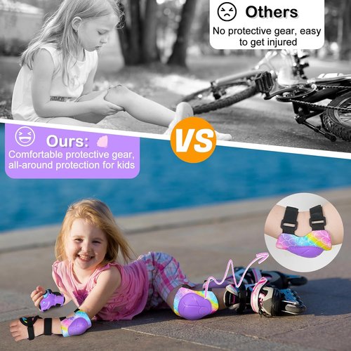 FIODAY Kids Knee Pads - Adjustable Knee, Elbow & Wrist Guards for Roller Skating | Rainbow Mermaid, 3-8 Years