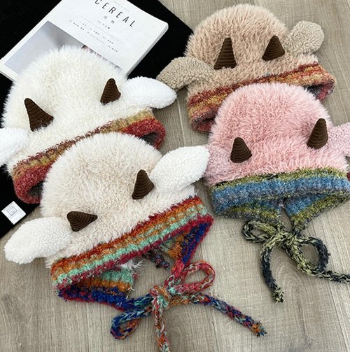 Winter Warm Plush Faux Fur Knitted Animal Hat Cozy Cute Horns Sheep Ears Beanie Cap Ear Flap Thick Lining Crochet Hats 2026 Khaki