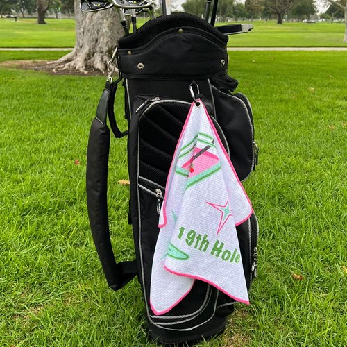 Giggle Golf Martini Par 3 Pack for Women, Microfiber Waffle Weave Golf Towel, Tee Bag with Tees and Bling Ball Marker with Magnetic Hat Clip (19th Hole)