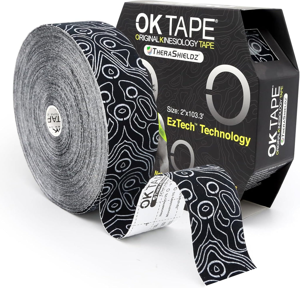 OK TAPE Kinesiology Tape - Pro Adhesive, Water-Resistant, Elastic Athletic Tape | 103 Feet, Black, Latex-Free