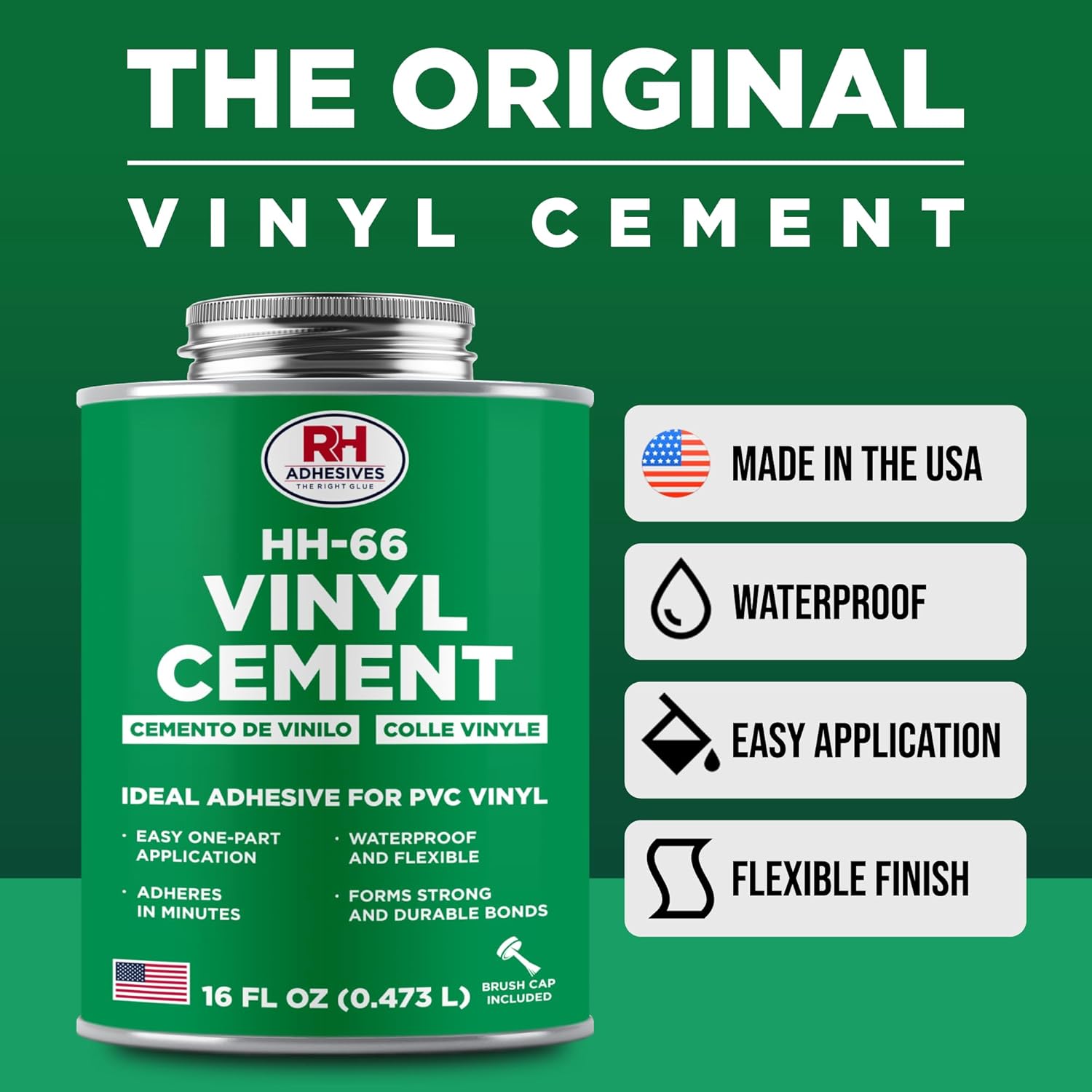 RH Adhesives HH-66 Vinyl Cement 16 oz - Waterproof Flexible Adhesive for PVC & Vinyl Repair