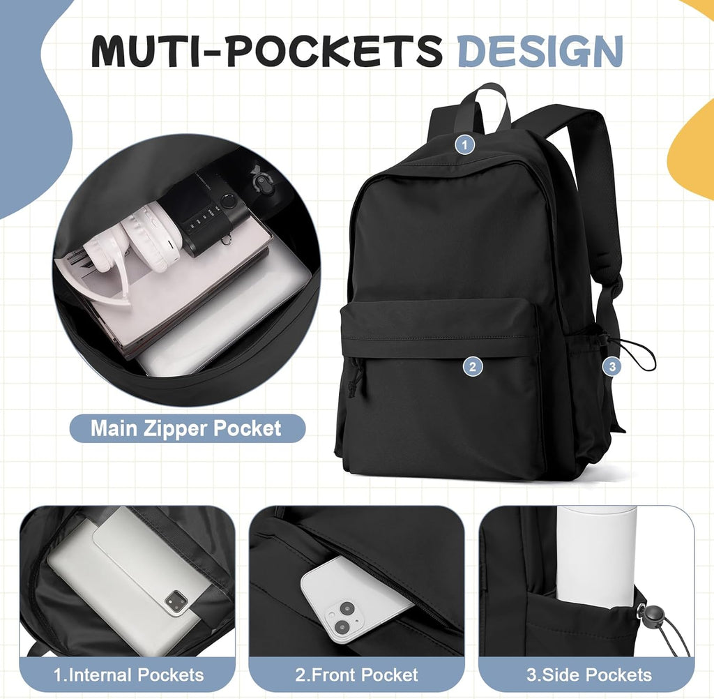 PAUBACK Black School Backpack - Waterproof Lightweight Book Bag for Girls, Teens & Women