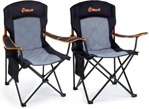 EMERIT Oversized Padded Camping Chair - 350LB Heavy Duty Quad Fold with Lumbar Support & Cup Holder