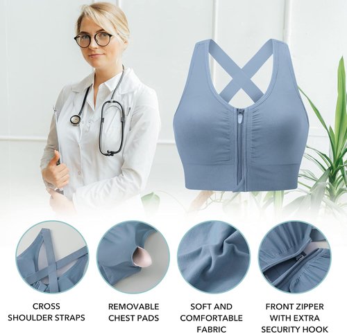 Evercute Wireless Sports Bra - Zip Front Design for Post-Surgery Comfort | Medium Support Yoga Bra