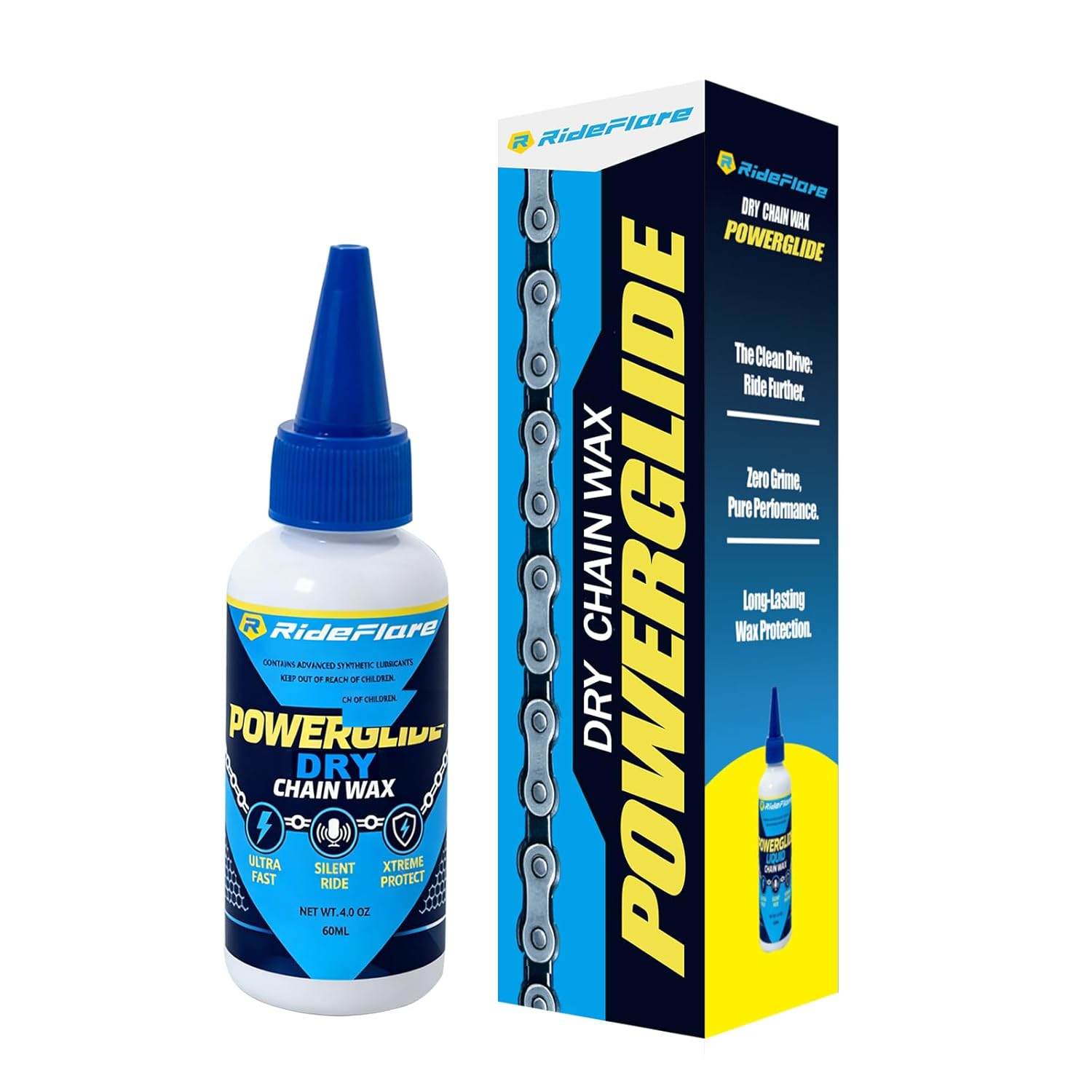 RideFlare POWERGLIDE Dry Bike Chain Wax - Ultra Fast, Silent Lube | 60ml / 2oz, Eco-Friendly, Dust & Mud Repellent