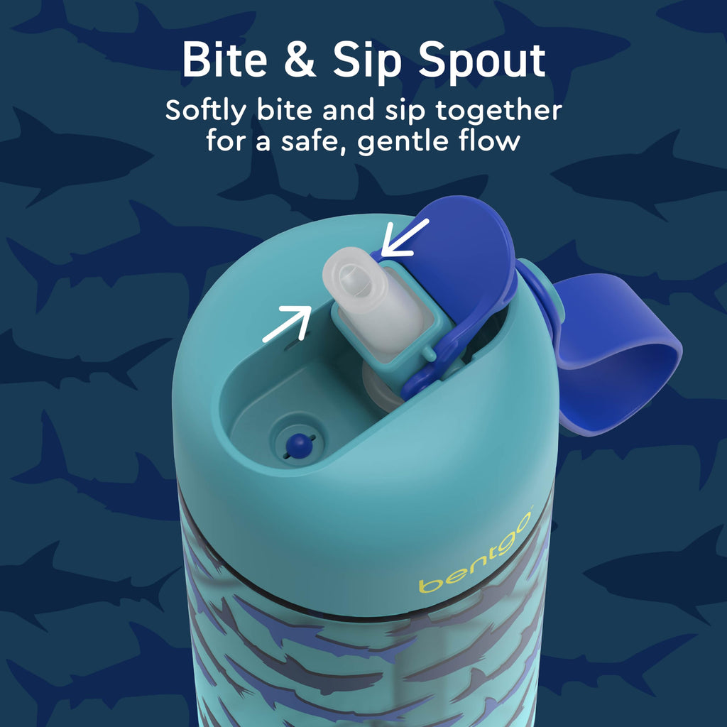 Bentgo Kids Water Bottle 2-Pack - Leak-Proof Durable Tritan BPA-Free 15 oz Cup for Kids/Toddlers Ages 3+; Bite & Sip Spout + Dishwasher Safe for School/Sports/Daycare/Camp (Rocket/Shark)
