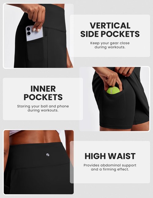 PINSPARK 19" Knee Length Skorts for Women High Waisted Golf Skirts UPF 50+ Athletic Tennis Casual Skort with 4 Pockets Modest Skirts, Black Large