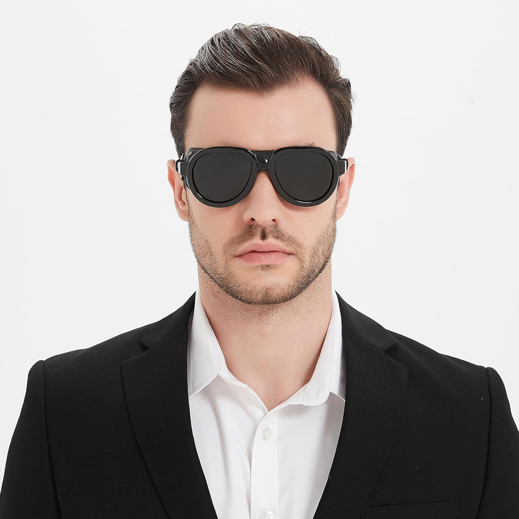 Skiennix Retro Aviator Steampunk Sunglasses - Polarized Vintage Goggles with Leather Side Shields for Men & Women