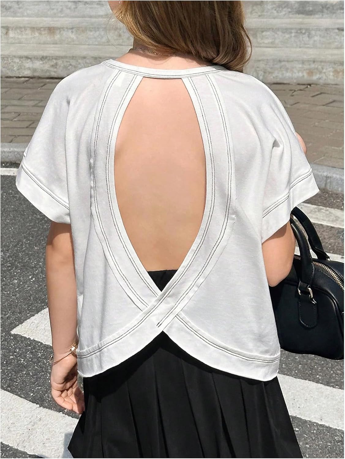 RoseSeek Girl's Backless Criss-Cross Short Sleeve Tops - Casual Crewneck Tees (2 Pack)