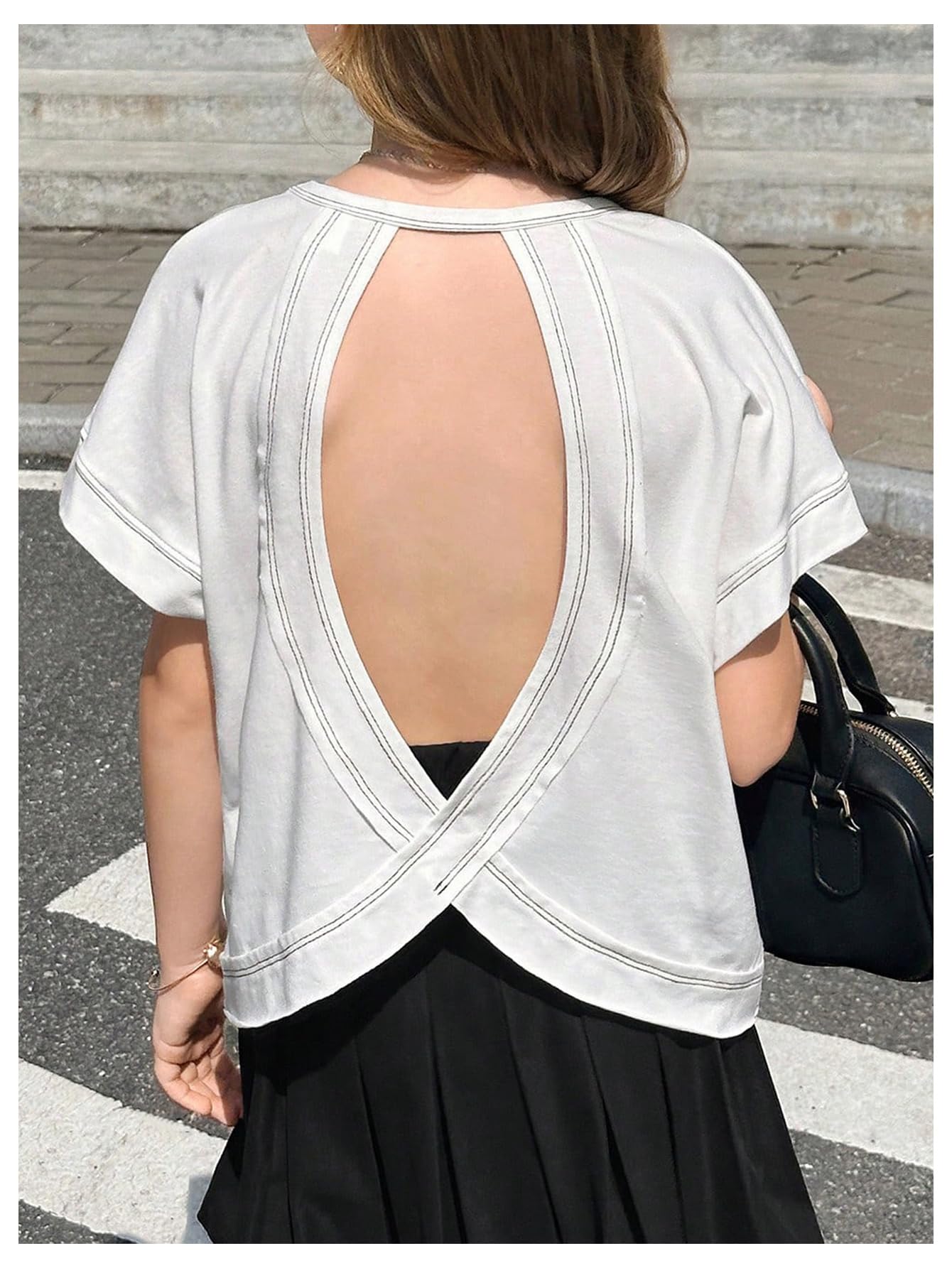 RoseSeek Girl's 2 Packs Open Back Backless Tops Criss Cross Short Sleeve T Shirts Crewneck Casual Tees Black White 11Y