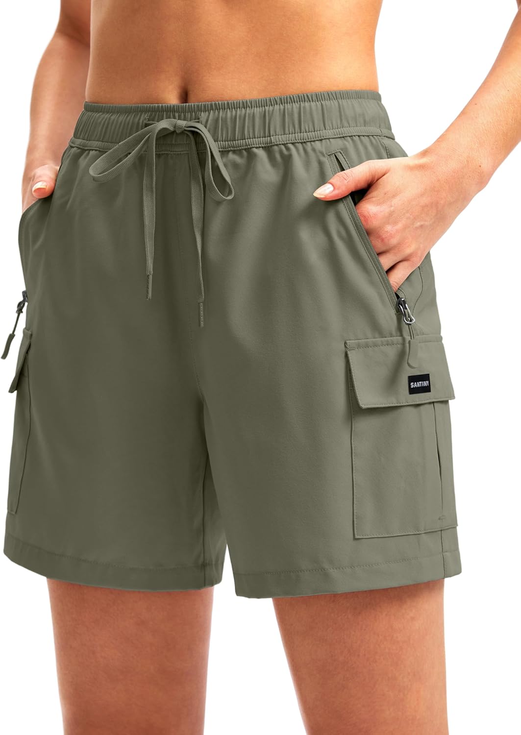SANTINY Women's Hiking Cargo Shorts - Quick Dry, Lightweight Summer Athletic Shorts with Zipper Pockets | Available in 5'', 7'', 9'' Sizes