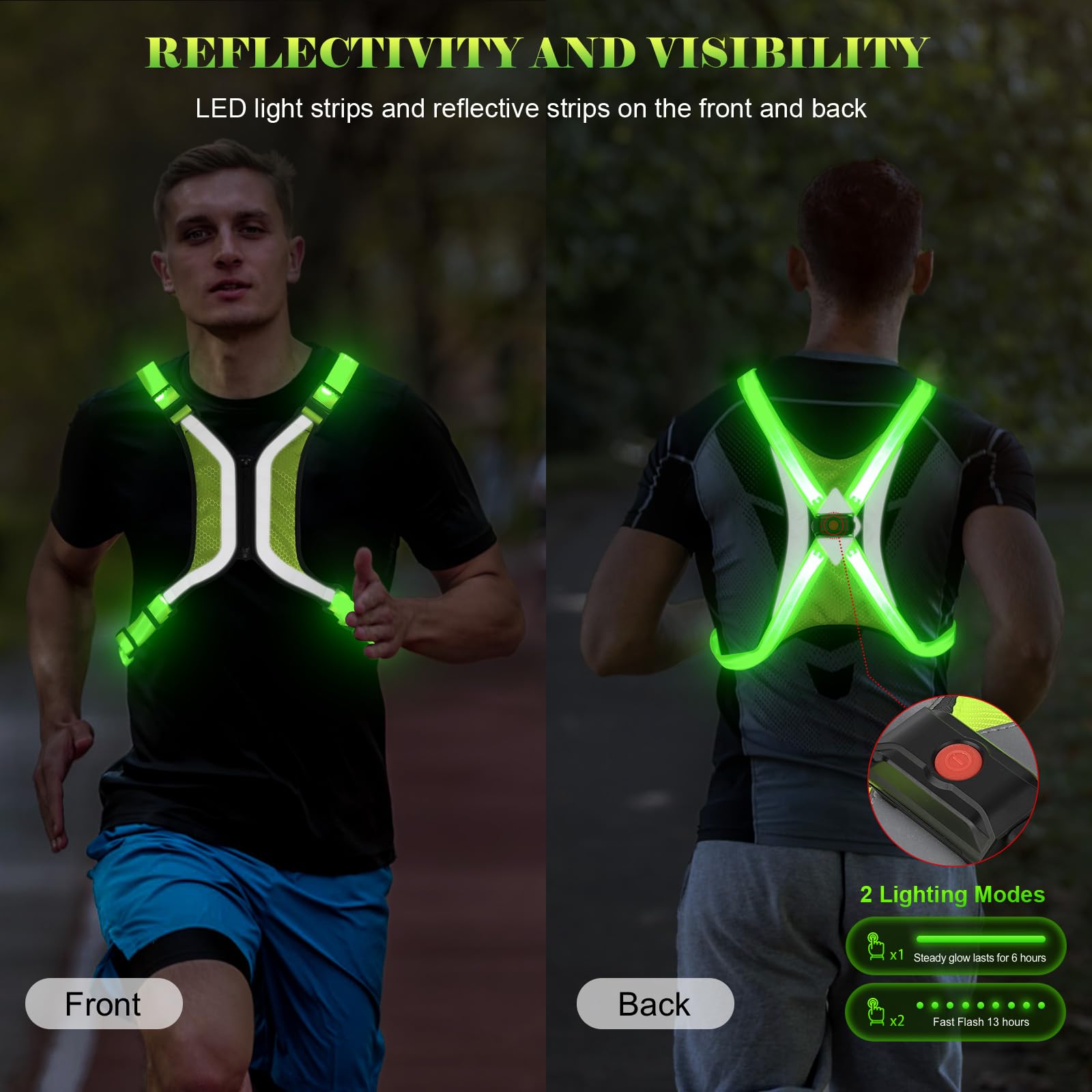 Vizbrite LED Reflective Vest, Light Up Running Vest, Rechargeable Reflective Running Gear for Walking Running Cycling at Night, Adjustable for Men Women
