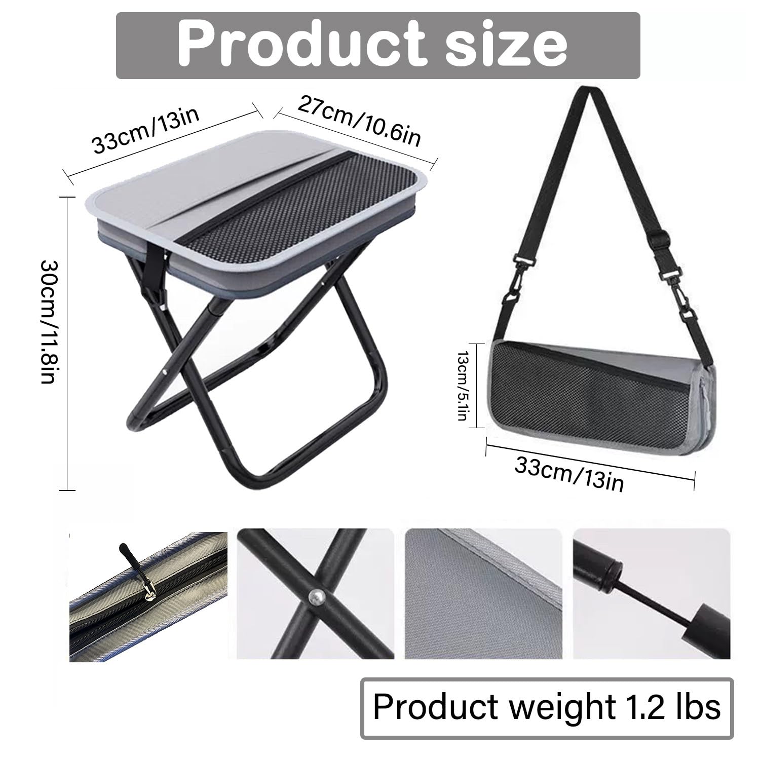 Portable Stool, Pocket Chair Fishing Stool, Large Size Adjustable Shoulder Strap Folding Stool, 2026 New Ultralight Foldable Stools with Carrying Bag for Hiking, Fishing, Camping, Picnic (Gray-Black)