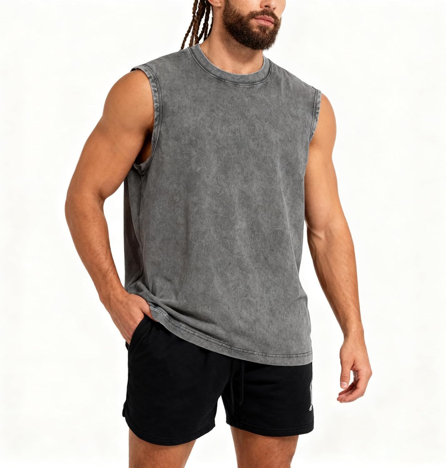Skiennix Men's Workout Tank Tops - Sleeveless Cotton Muscle Shirts for Gym | Acid Wash, Loose Fit