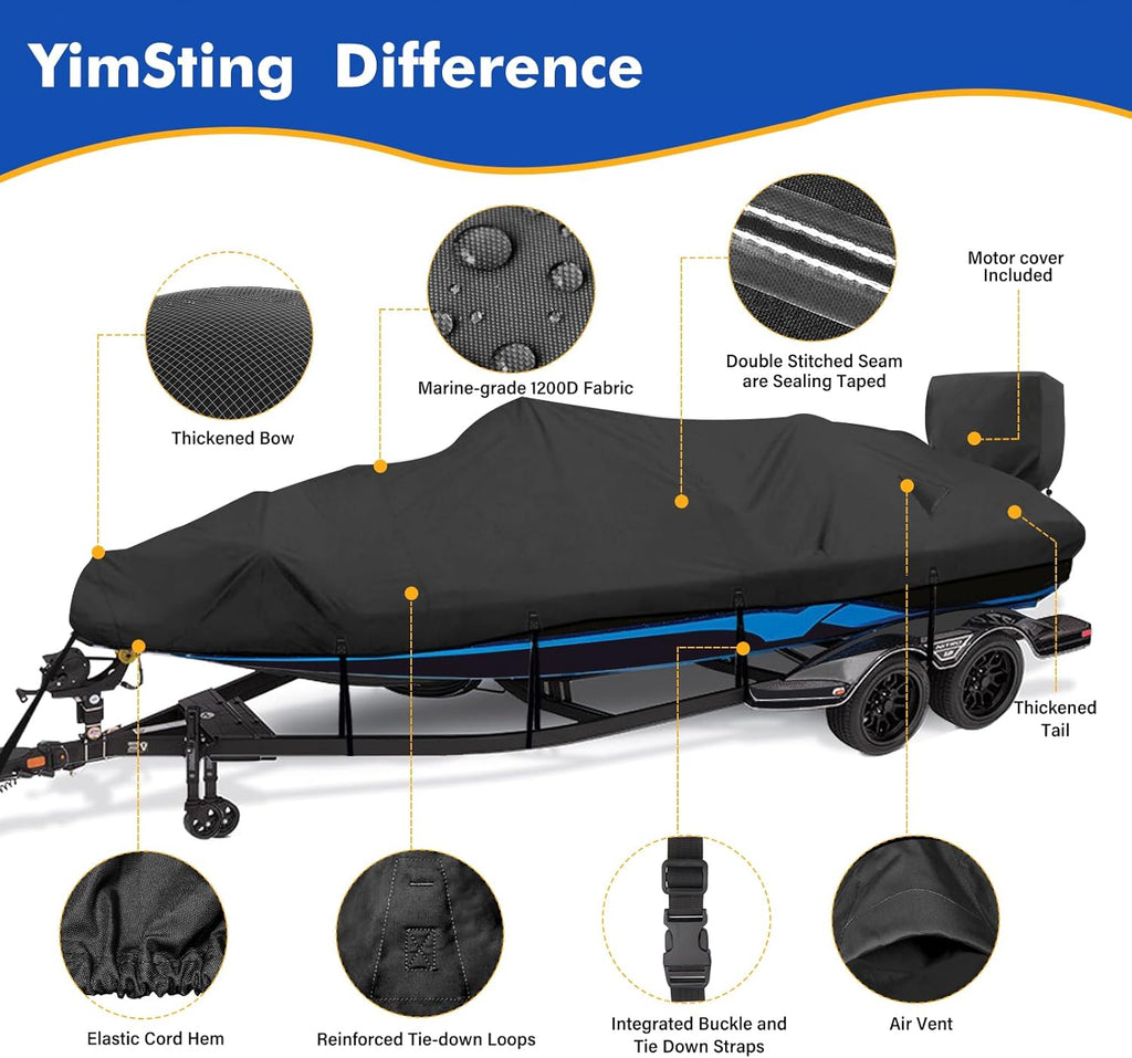 1200D Waterproof Boat Cover - Heavy Duty Canvas for 16' to 18.5' Bass, V-Hull & Bowrider Boats - Black