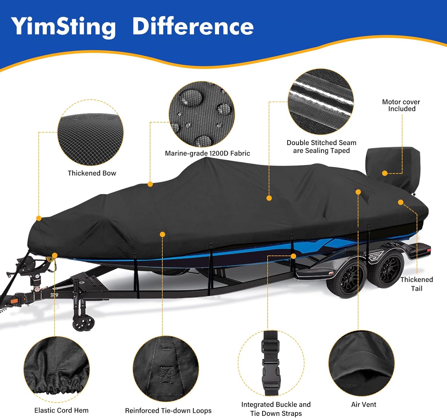 1200D Waterproof Boat Cover - Heavy-Duty Protection for 14' to 16' Bass, V-Hull & Tri-Hull Boats - Black