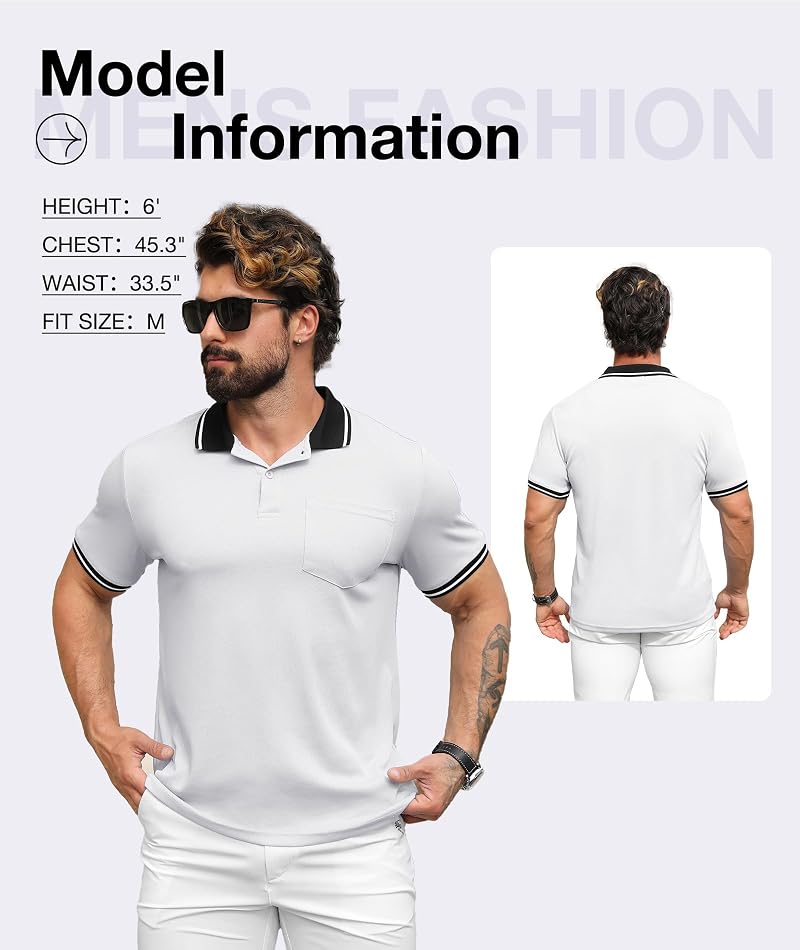 Mens Polo Shirt Short Sleeve with Pocket – Classic Collared Golf Style, White, Medium