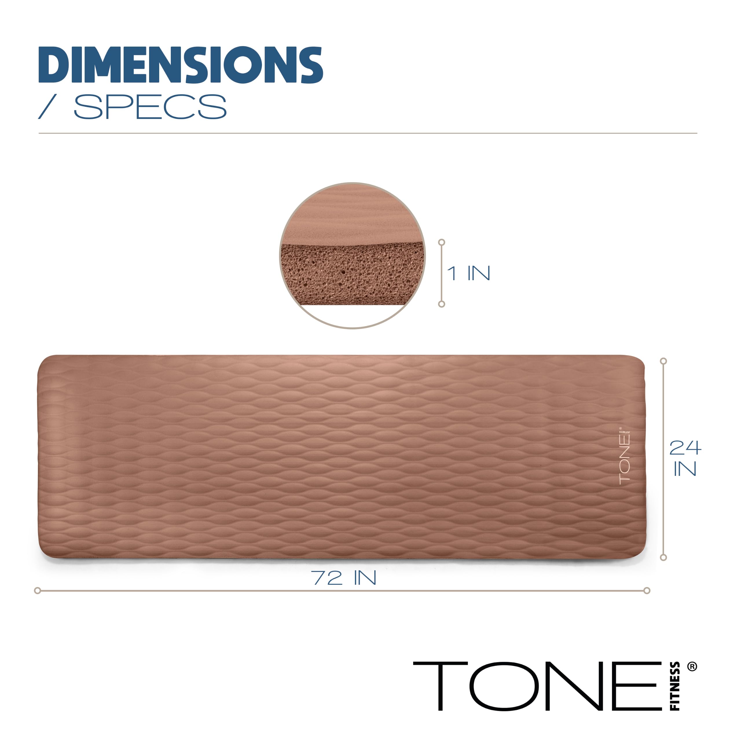 Tone Fitness Premium Extra Thick 1-Inch High Density Exercise Mat with Carry Strap – Non-Slip Workout, Pilates, and Yoga Mat for Home Gym - Color Mocha - Mesh Pattern